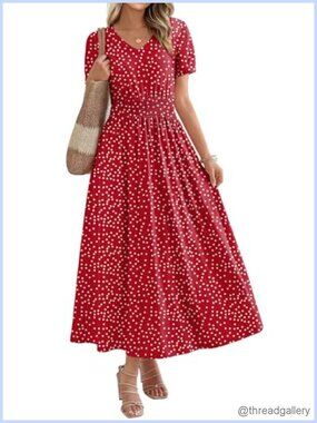 Women's Maxi Dress V Neck A Line Smocked Waist Long Flowy Summer Beach